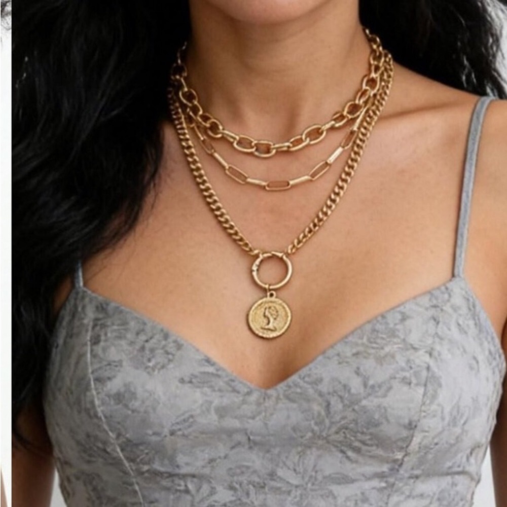 Vintage 24k Gold  Plated Layered Necklace Trendy Chunky Cuban Link Paperclip Cha - Picture 7 of 11